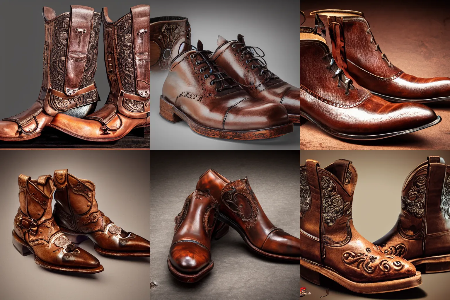 Prompt: concept art, baroque style, cowboy shoes, brown leather, intricate, detailed, product design photograph, realist, studio lighting, 4k, 8k