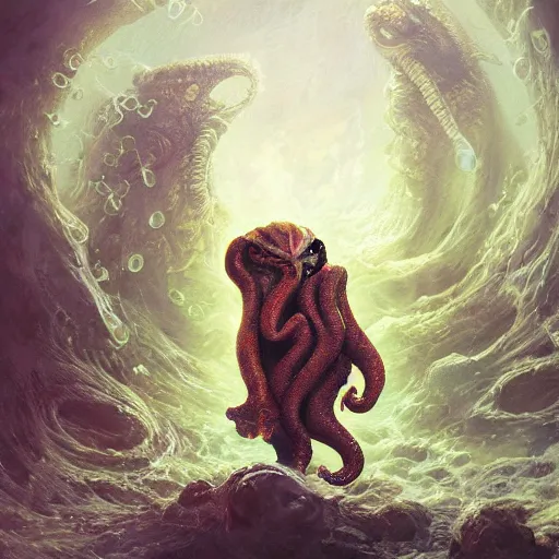 Image similar to cthulhu garfield, 4 k oil on linen by wlop, artgerm, andrei riabovitchev, nuri iyem, james gurney, james jean, greg rutkowski, highly detailed, soft lighting 8 k resolution