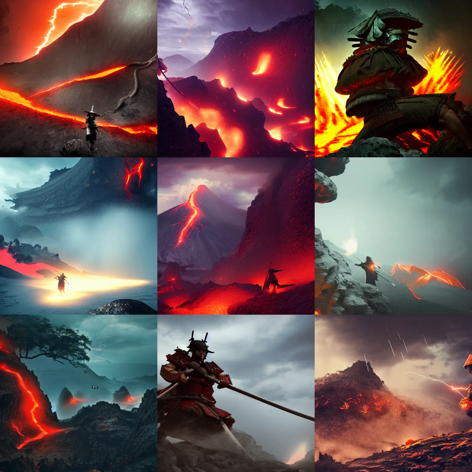 Prompt: samurai struggling through volcanic terrain, thunderstorm, cinematic lighting, wide shot, octane render, 4 k, 8 k, artstation, concept art
