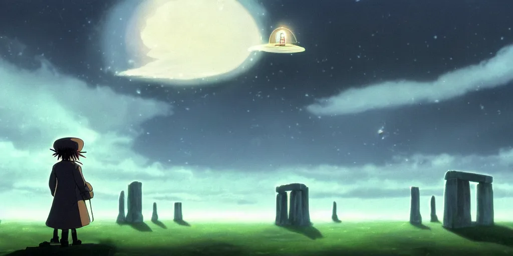 Image similar to a realistic and atmospheric cell - shaded concept art from howl's moving castle ( 2 0 0 4 ) of a ufo in the sky. a grey monk is standing in a futurist sci - fi city that looks like stonehenge in a flooded rainforest. it is a misty starry night. very dull muted colors, hd, 4 k, hq