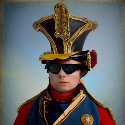 Prompt: realistic photo of napoleon wearing big steampunk googles, photo by gustave baumann