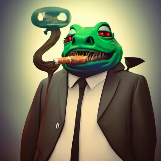 Image similar to a high quality photo of an antropomorphic mafia frog wearing a suit smoking a cigar, 3d scene, render, ultra realistic, artstation, cgsociety