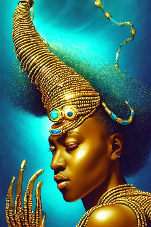Prompt: hyperrealistic futurist full body cinematic very expressive! translucent african goddess underwater scene, gold jewerly, highly detailed face, digital art masterpiece, smooth eric zener cam de leon, dramatic pearlescent turquoise light on one side, low angle uhd 8 k, shallow depth of field