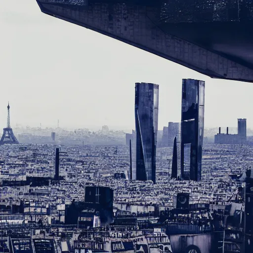 Image similar to a view on a futuristic cyberpunk paris