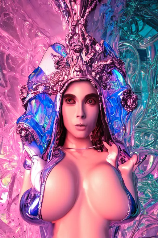 Prompt: hyper detailed ultra sharp photo of rococo and cyberpunk neon ceramic sculpture of seductive lisa ann albino pink iridescent humanoid deity wearing blue holographic hooded cloak with nothing underneath holding an glass skull in a onyx dungeon, reclining, glowing magenta face, crown of white diamonds, cinematic lighting, photorealistic, octane render 8 k depth of field 3 d