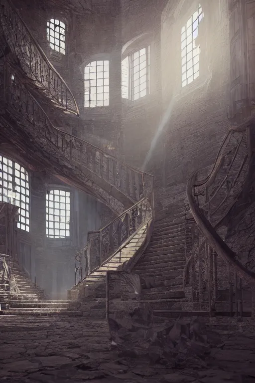 Image similar to stairs from hell to heaven, 8 k, octane render, unreal engine, intricate detail, volumetric lighting, photo real