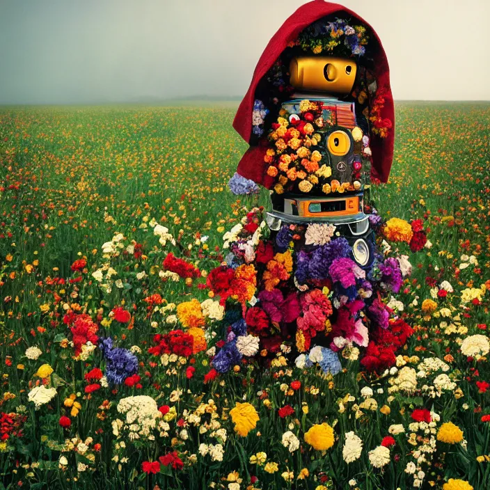 Prompt: closeup portrait of a robot wearing a cloak made of flowers and rainbows, in an empty field, by Annie Leibovitz and Steve McCurry, natural light, detailed face, CANON Eos C300, ƒ1.8, 35mm, 8K, medium-format print