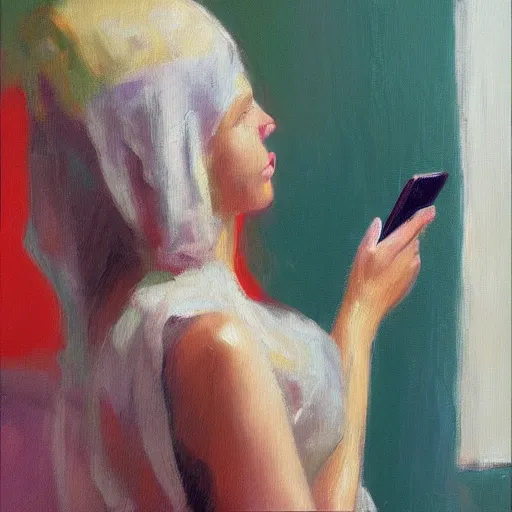 Prompt: a modern impressionist painting of a woman with a smartphone, oil on canvas, trending on artstation