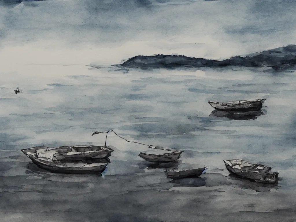 Prompt: a boat is parked on the lake, there is only one person on the boat fishing, cinematic landscape ， natural light, ink painting