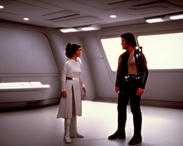 Prompt: screenshot of Han Solo standing next to Princess Leia Organa kiss, alone, pensive, iconic scene from 1980s Star Wars film directed by Ridley Scott, in a sci fi nursing home architecture, last jedi, 4k HD sharp, cinematic still frame, photoreal, detailed face, moody lighting, stunning cinematography, anamorphic lenses, kodak color film stock