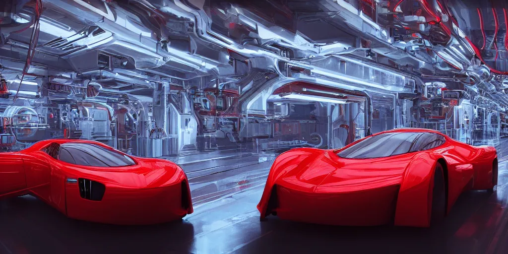 Image similar to kama russian electrocar, inside futuristic car plant, red car, sharp focus, ultra realistic, ultra high pixel detail, cinematic, intricate, cinematic light, unreal engine 8 k, 8 k, epic, intricate, volumetric lighting, trending on artstation