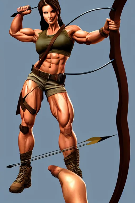 Prompt: laura croft with a bow & arrow, muscles, ripped, toned, muscular