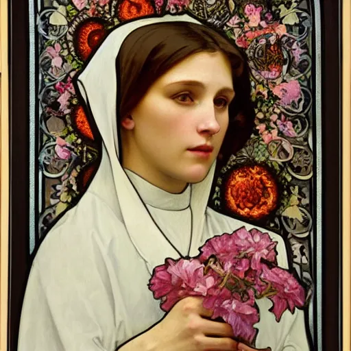 Prompt: a Masterpieces portrait of A nun covered in flowers radiates holy light in the church in the style of Alphonse Mucha,Realistic style,oil on canvas