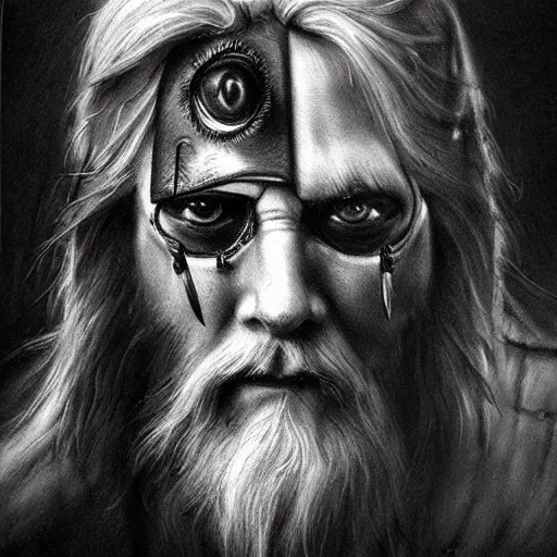 Prompt: Odin with eye-patch, two ravens, charcoal portrait, artstation, fine-detailed