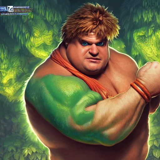 Image similar to chris farley as blanka from street fighter with green skin and orange body hair, flexing, ultra realistic, concept art, intricate details, eerie, highly detailed, photorealistic, octane render, 8 k, unreal engine. art by artgerm and greg rutkowski and magali villeneuve and alphonse mucha