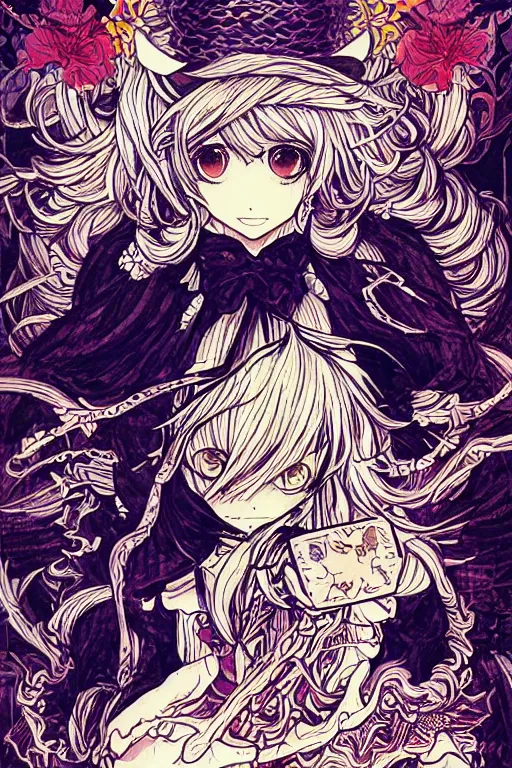 Image similar to marisa kirisame, touhou project, intricate, amazing line work, colorful, tarot cards, the devil tarot card