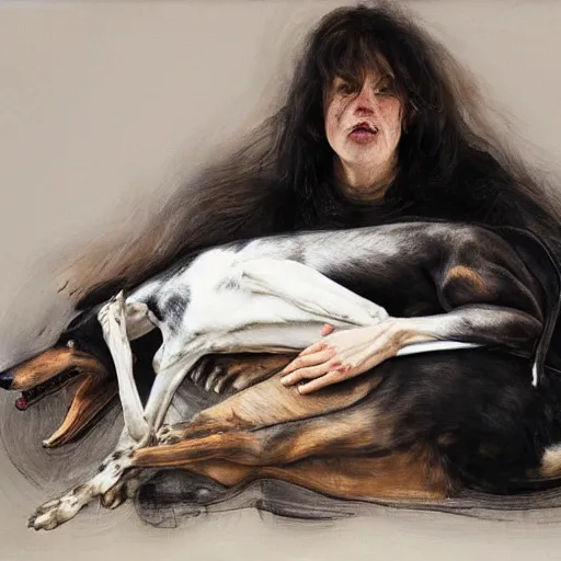 Image similar to woman with black greyhound, by jenny saville. dark atmosphere