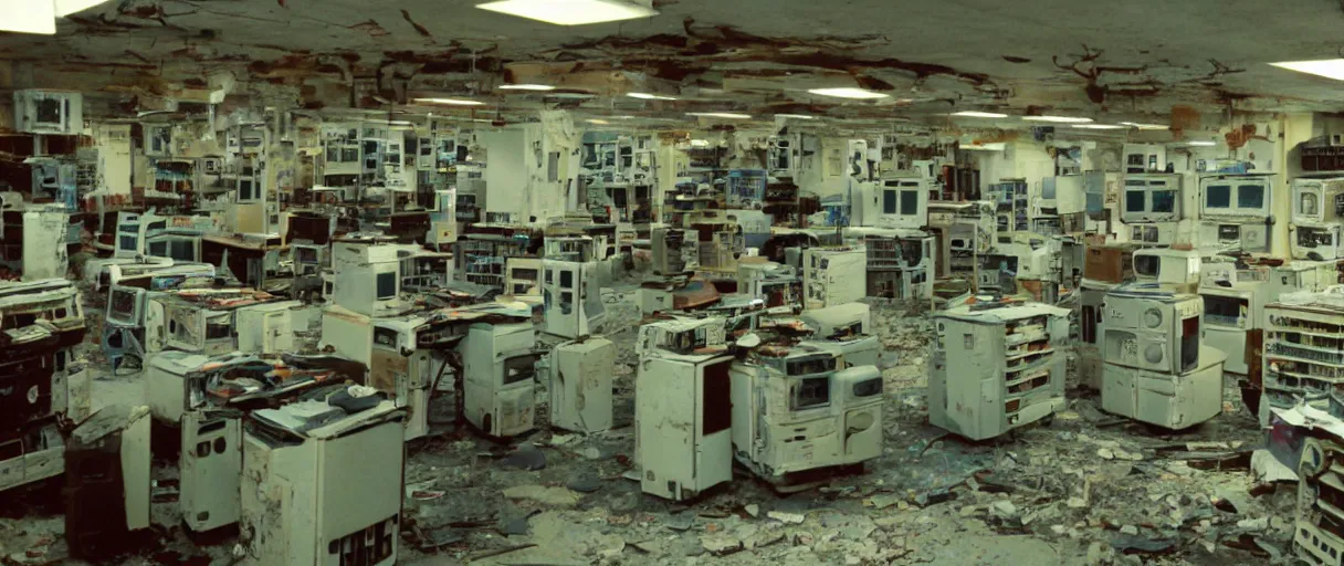 Image similar to movie still 4 k uhd 3 5 mm film color photograph of an abandoned computer laboratory full of 4 0 s decade of xx century vacuumtube computers