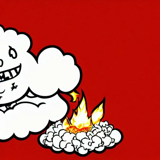 Image similar to fluffy exploding mushroom cloud as popcorn elemental spirit, in the style of a manga character, with a smiling face and flames for hair, sitting on a lotus flower, white background, simple, clean composition, symmetrical