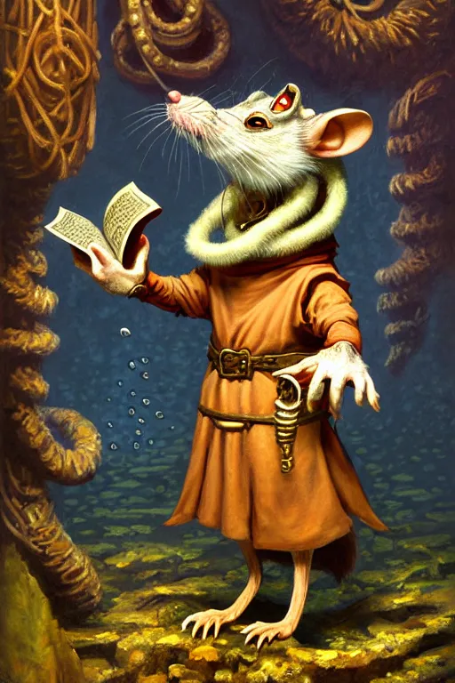 Prompt: classic oil painting, an anthropomorphic bipedal rat that is dressed as a medieval librarian, as a dnd character, standing under the sea, cottagecore, highly detailed, digital illustration, concept art, smooth, sharp focus, art by brothers hildebrandt