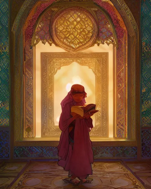 Image similar to a faceless bedouin child infront of a big open quran highly detailed, gold filigree, romantic storybook fantasy, soft cinematic lighting, award, disney concept art watercolor illustration by mandy jurgens and alphonse mucha and alena aenami, pastel color palette, featured on artstation