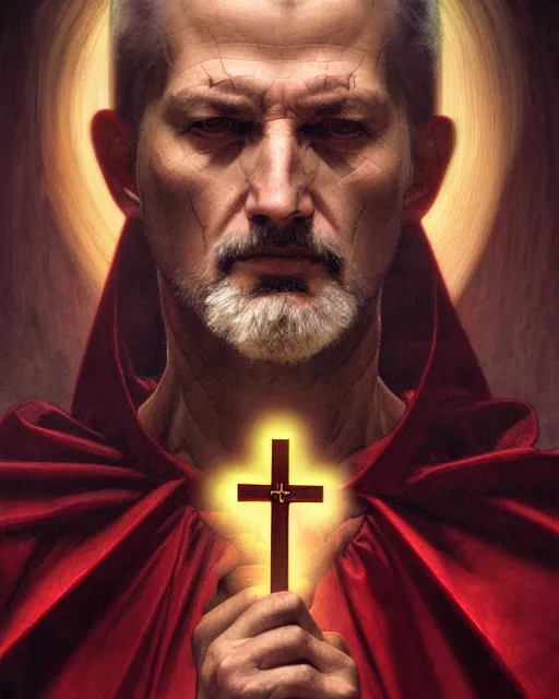 Image similar to realistic portrait of a nasty bishop, inverted cross, evil, heroic pose, beautiful face, bible, full body, dramatic lighting, intricate, wild, highly detailed, digital painting, artstation, concept art, smooth, sharp focus, illustration, art by artgerm and greg rutkowski and alphonse mucha, footage from space camera