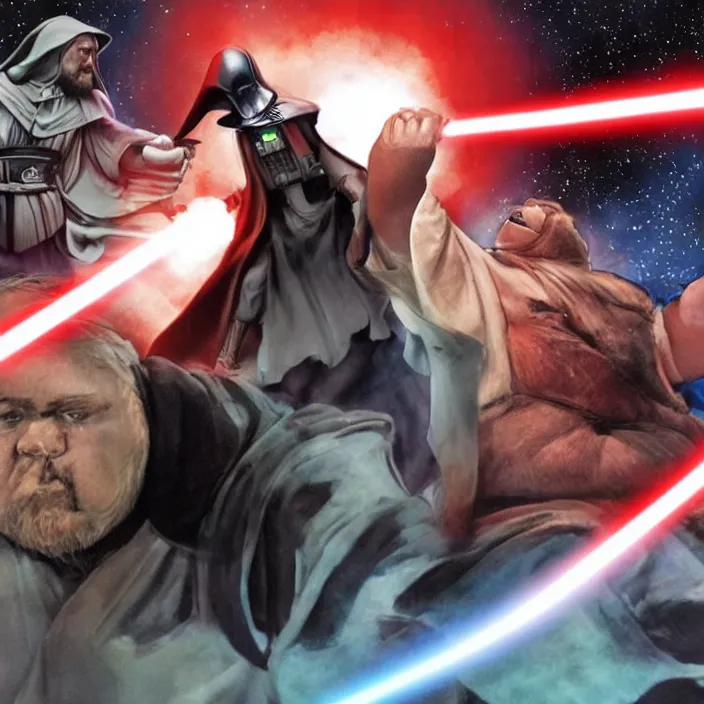 Prompt: obi wan kenobi but obese!! and overweight fighting a fat and obese darth vader, photoralistic rendering, movie still, screenshot, hyperdetailed