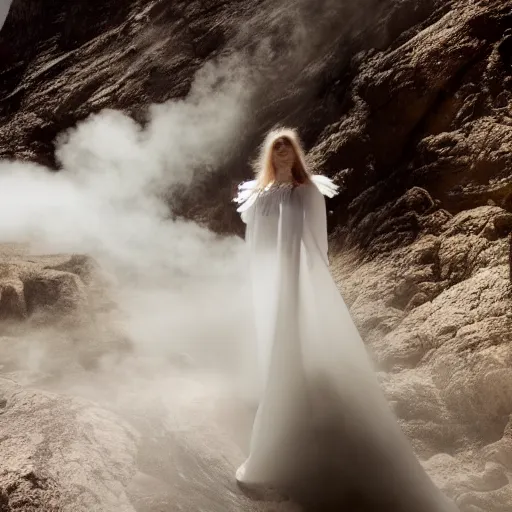 Image similar to photo, a woman in a giant flowing incredibly long dragging white dress made out of white smoke, standing inside a dark western rocky scenic landscape, volumetric lighting