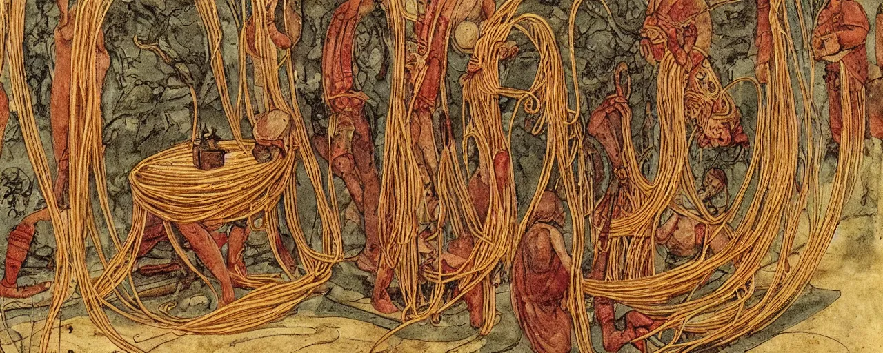 Image similar to ancient manuscripts detailing spaghetti, in the style of grimm's fairytales, fine detail, kodachrome