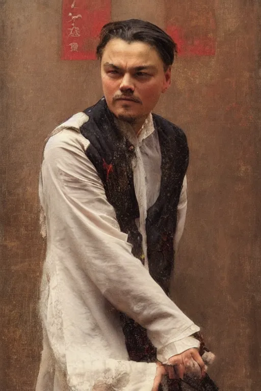 Image similar to di caprio by Solomon Joseph Solomon and Richard Schmid and Jeremy Lipking victorian genre painting full length portrait painting of 张国荣 in traditional costume