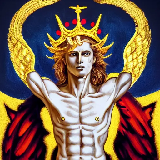 Prompt: Oil canvas of Lucifer, ruler of Inferno, capital sin of Pride, Superbia, natural blonde gold like hair, intricate sophisticated well rounded face, good bone structure, bright glowing eyes as LEDs and neon, lean body, porcelain looking skin, attractive and good looking, tall, invincible, poses triumphantly over the remains of Heaven, wearing a crown made of Michael the archangel skull, by Michelangelo, Dark Fantasy mixed with Socialist Realism, exquisite art, art-gem, dramatic representation, hyper-realistic, atmospheric scene, cinematic, trending on ArtStation, photoshopped, deep depth of field, intricate detail, finely detailed, small details, extra detail, attention to detail, detailed picture, symmetrical, 2D art, digital art, golden hour, oil painting, 8k, 4k, high resolution, unreal engine 5, octane render, arnold render, 3-point perspective, polished, complex, stunning, breathtaking, awe-inspiring, award-winning, ground breaking, concept art, nouveau painting masterpiece