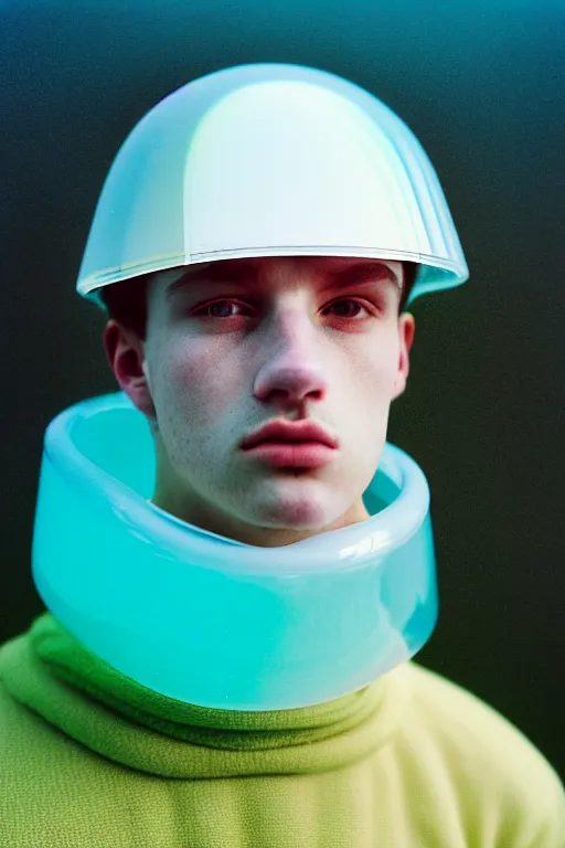 Image similar to high quality pastel coloured film mid angle portrait photograph of a beautiful young 2 0 year old male, soft features, short hair, perspex face visor and oversized inflated clothing!!!! icelandic black! rock pool environment. atmospheric three point light. photographic. art directed. ( pastel colours ). volumetric. clearcoat. waves. 8 k. filmic.