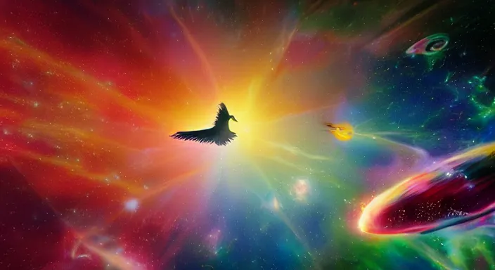 Image similar to A peace dove flying through a multicolored nebula in outerspace by Terry Redlin and Chesley Bonestell and Zdzislaw Beksinski, hyper realistic, radiant colors, trending on artstation, volumetric lighting, hyper detailed, insane details, intricate, ornate, CGsociety, hypermaximalist, octane render, micro details, 3d sculpture, ray tracing, 8k