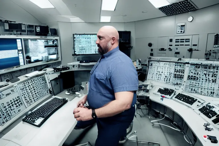 Image similar to heavyset bald man wearing a white shortsleeved shirt and blue jeans working in a nuclear silo control room by Emmanuel Lubezki