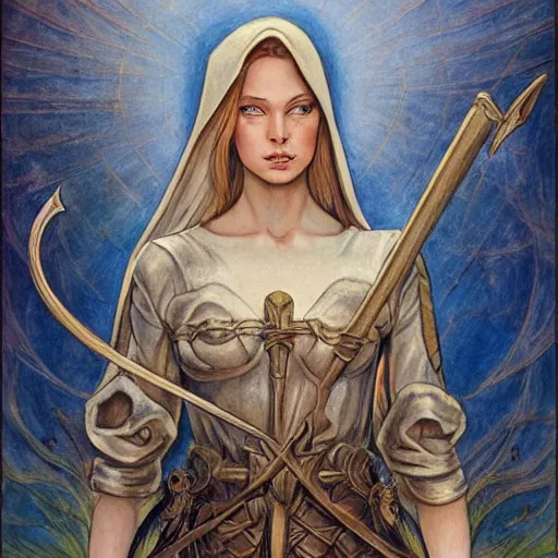 Prompt: most beautiful jeanne d'arc in the style of william blake, terese nielsen, detailed, intricate, beautiful faces, steve argyle, triumphant fate, pastoral fantastic reality