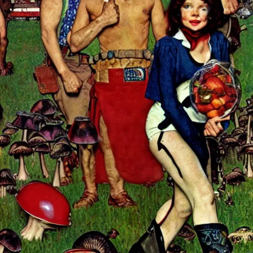 Prompt: Super heroine with the powers of mushrooms. A painting by Norman Rockwell.