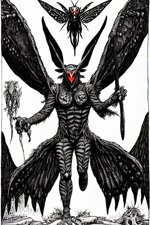 Image similar to mothman as a d & d monster, full body, pen - and - ink illustration, etching, by russ nicholson, david a trampier, larry elmore, 1 9 8 1, hq scan, intricate details, inside stylized border