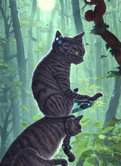 Image similar to a hyper realistic ink cat alien technology and sunbeams blue sky, lush forest foliage painting by chiara bautista and norman rockwell and greg rutkowski weta studio, and lucasfilm