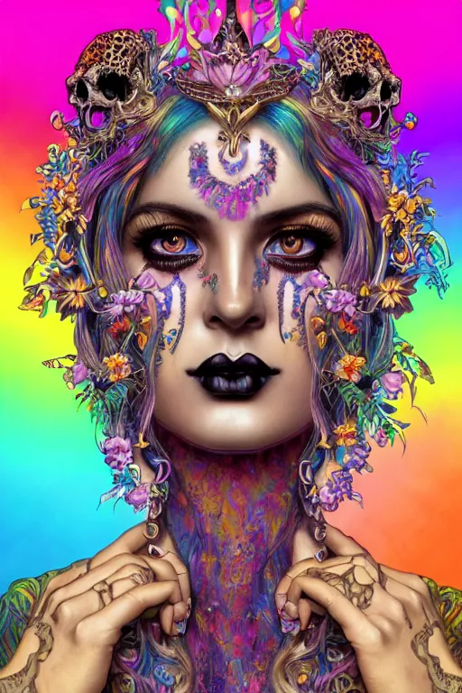 Prompt: a portrait of the lisa frank leopard print rainbow goddess from walmart, intricate, gothic, highly detailed, digital painting, crown of skulls, artstation, smooth, sharp focus, illustration, art by artgerm and greg rutkowski and alphonse mucha and william - adolphe bouguereau