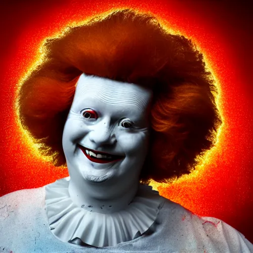 Prompt: photograph of ronald mcdonald as an enlightened being, colorized, damaged
