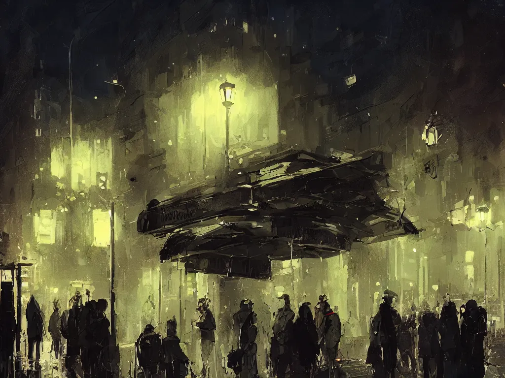 Prompt: few people waiting in a bus stop in dark city night, high quality, detailed, high resolution, in the style of ismail inceoglu