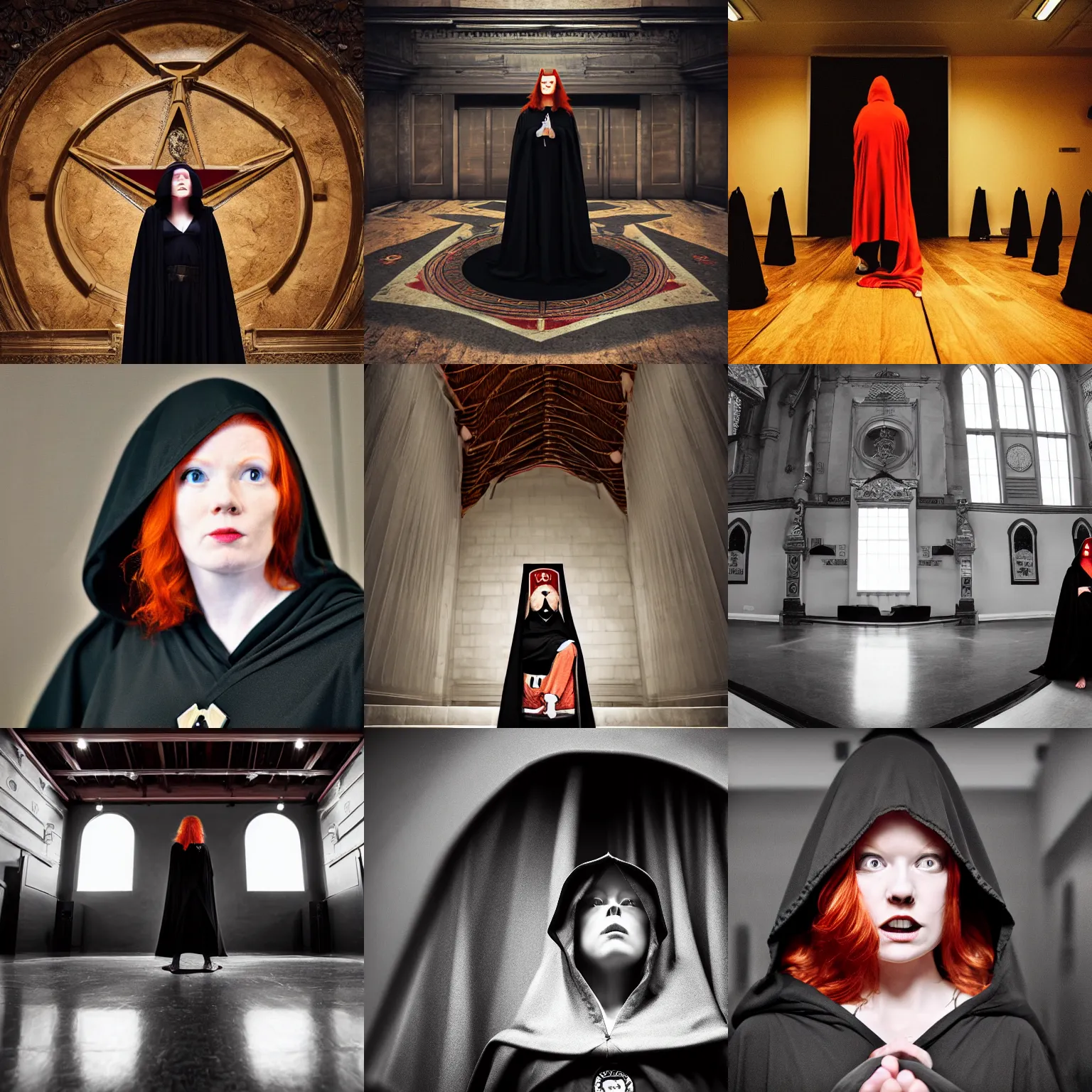 Prompt: a wide angle view from below of a beautiful redheaded woman in a black jedi hooded robe performing lbrp in a masonic lodge, hyper realistic, epic, highly detailed, cinematic, sharp focus, depth of field