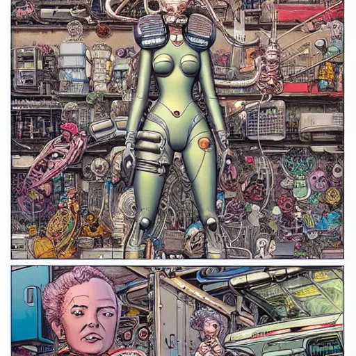 Image similar to a beautiful highly detailed futuristic mechanical lady, cyberpunk garage on jupiter, filled with people,, art by geof darrow,