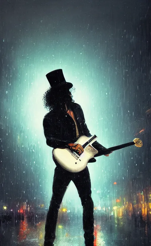 Image similar to a painting of slash playing the guitar, rainy night, lights, particles, depth of field, raindrops, crowd, lights, top hat by greg rutkowski, featured on artstation