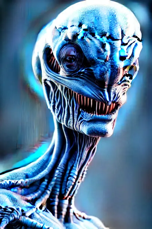 Image similar to hyperrealistic close-up alien! highly detailed concept art eric zener elson peter cinematic hard blue lighting high angle hd 8k sharp shallow depth of field, inspired by David Paul Cronenberg and Zdzisław Beksiński