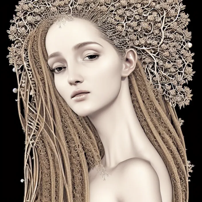Image similar to Portrait of a beautiful woman like a queen-roots-angel, dressed in long elegant intricate ornamental roots white dress, natural skin tone, intricate mandelbrot fractal highly detailed roots ornament in the upper side of breast, bust with a very long neck , hair are wired roots, elegant, highly detailed intricate roots ornament in her long hair, Realistic, Refined, Highly Detailed, natural lighting colors scheme, fine art photography by Flora Borsi, volumetric lighting, hyper realistic photography, 8k