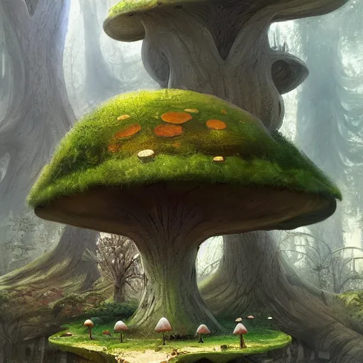 Prompt: a painting of a mushroom like structure in the middle of a forest, concept art by stephan martiniere, trending on artstation, fantasy art, concept art, 2 d game art, matte painting