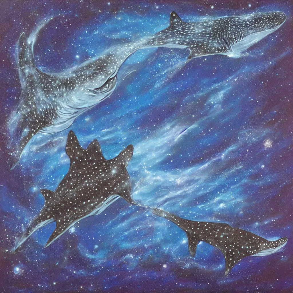 Image similar to oil painting of a whale shark flying in front of a swirling galaxy, shimmering stars, milky way
