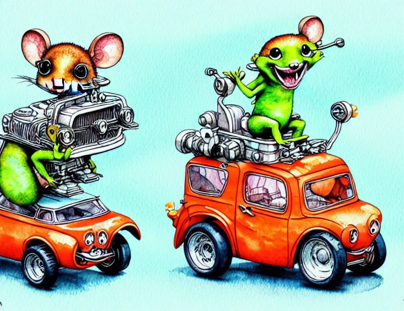 Image similar to cute and funny, quoll riding in a tiny hot rod with oversized engine, ratfink style by ed roth, centered award winning watercolor pen illustration, isometric illustration by chihiro iwasaki, edited by range murata, tiny details by artgerm and watercolor girl, symmetrically isometrically centered