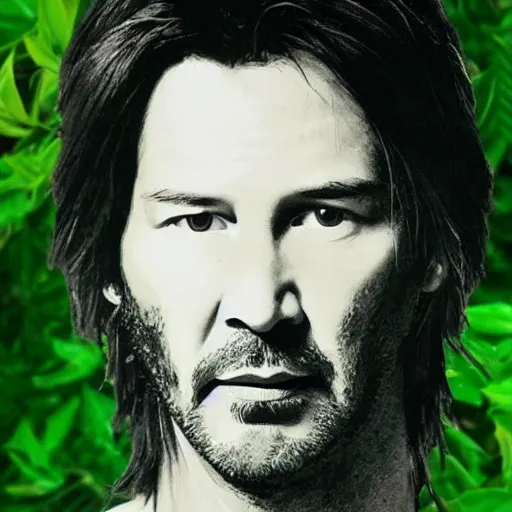 Image similar to keanu reaves face made of green leaves